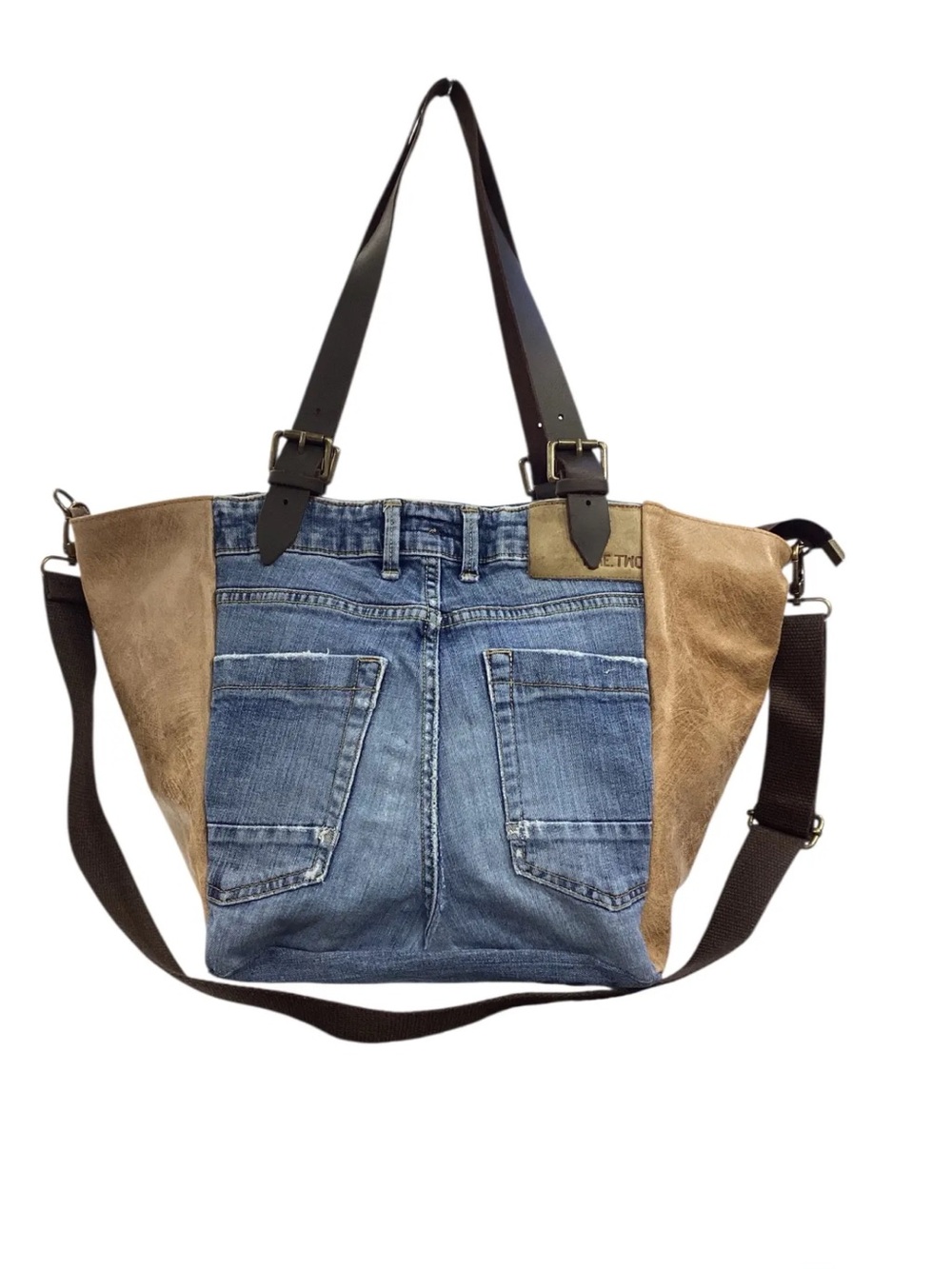 MADE IN ITALY LEATHER Denim & Tan Leather Tote Bag with Adjustable Strap